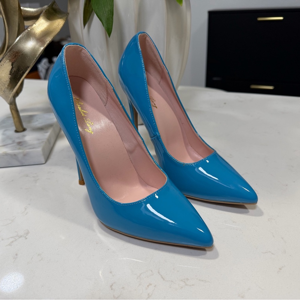 Elisabet Lang Blue Patent Leather Pointed Toe Stiletto Pumps Glossy Heels